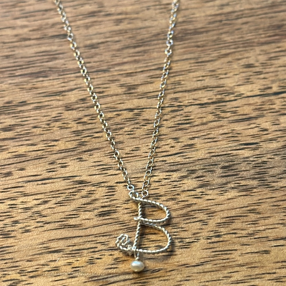 Rafia Wrapped Silver Initial Necklace “B” with Pearl